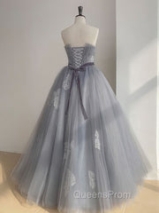 Gray Tulle Lace Long Evening Prom Dress, Gray Ball Gown Evening Dress