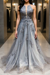 Gray tulle lace long Evening Prom Dress gray tulle lace formal Dress