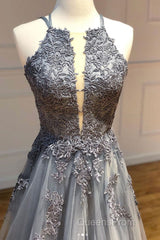 Gray tulle lace long Evening Prom Dress gray tulle lace formal Dress