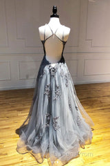 Gray tulle lace long Evening Prom Dress gray tulle lace formal Dress