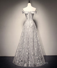 Gray tulle lace long Evening Prom Dress, lace tulle bridesmaid Dress