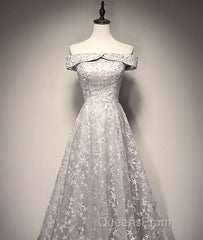 Gray tulle lace long Evening Prom Dress, lace tulle bridesmaid Dress