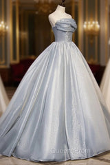 Gray Tulle Long A-Line Evening Prom Dress, Gray Strapless Evening Gown