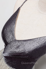 Gray Tulle Long A-Line Evening Prom Dress, V-Neck Spaghetti Straps Evening Dress