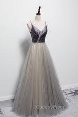 Gray Tulle Long A-Line Evening Prom Dress, V-Neck Spaghetti Straps Evening Dress