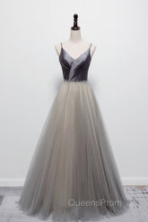 Gray Tulle Long A-Line Evening Prom Dress, V-Neck Spaghetti Straps Evening Dress