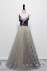 Gray Tulle Long A-Line Evening Prom Dress, V-Neck Spaghetti Straps Evening Dress
