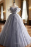 Gray Tulle Long Floral Evening Prom Dress, Gray Tulle Long Lace Evening Dress