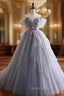 Gray Tulle Long Evening Prom Dress, Off Shoulder Evening Dress Party Dress