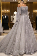 Gray Tulle Long Sleeve A-Line Evening Prom Dress, Spaghetti Straps Evening Dress