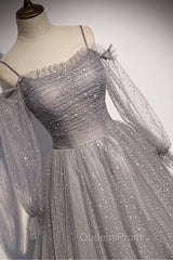 Gray Tulle Long Sleeve A-Line Evening Prom Dress, Spaghetti Straps Evening Dress