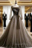 Gray Tulle Long Sleeve Pleats Beading Evening Prom Dress
