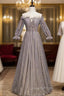 Gray Tulle Long Sleeve Pleats Cold Shoulder Evening Prom Dress