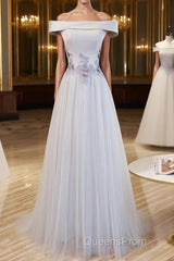 Gray tulle off shoulder lace long Evening Prom Dress gray tulle formal Dress