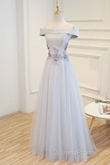 Gray tulle off shoulder lace long Evening Prom Dress gray tulle formal Dress