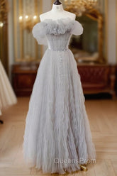 Gray Tulle Off Shoulder Long Evening Prom Dress, Gray Evening Dress