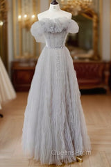 Gray Tulle Off Shoulder Long Evening Prom Dress, Gray Evening Dress