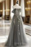 Gray Tulle Off the Shoulder Appliques Evening Prom Dress