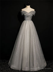 Gray Tulle Off the Shoulder Beading Formal Prom Dress