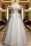 Gray Tulle Off the Shoulder Beading Sequins Evening Prom Dress