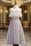 Gray Tulle Scoop Sequins Tea Length Evening Prom Dress