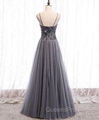 Gray Tulle Sequin Long Evening Prom Dress, Gray Tulle Evening Dress with Beading Sequin