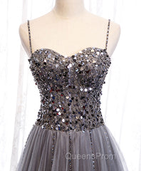 Gray Tulle Sequin Long Evening Prom Dress, Gray Tulle Evening Dress with Beading Sequin