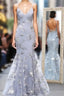 Gray Tulle Sequins Appliques Spaghetti Straps Backless Long Evening Prom Dress