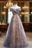 Gray Tulle Sequins Beading Off the Shoulder Evening Prom Dress