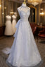 Gray Tulle Sequins High Neck Beading Evening Prom Dress