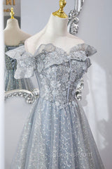 Gray Tulle Sequins Long A-Line Evening Prom Dress, Off the Shoulder Graduation Dress