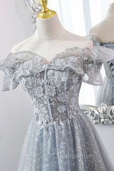 Gray Tulle Sequins Long A-Line Evening Prom Dress, Off the Shoulder Graduation Dress