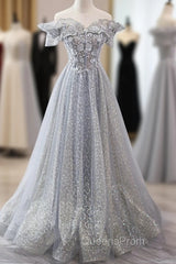 Gray Tulle Sequins Long A-Line Evening Prom Dress, Off the Shoulder Graduation Dress