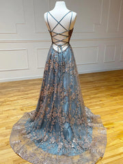 Gray Tulle Sequins Long Evening Prom Dress, A-Line Spaghetti Straps Evening Dress