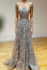 Gray Tulle Sequins Long Evening Prom Dress, A-Line Spaghetti Straps Evening Dress