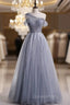 Gray Tulle Sequins Scoop Pearls Evening Prom Dress