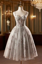 Gray Tulle Sequins Short Evening Prom Dress, A-Line Spaghetti Straps Backless Party Dress