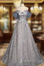 Gray Tulle Sequins Spaghetti Straps Evening Prom Dress