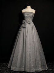 Gray Tulle Sequins Strapless Pleats Beading Prom Dress