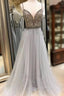 Gray Tulle Spaghetti Straps Backless Beading Sequins Evening Prom Dress