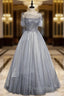 Gray Tulle Spaghetti Straps Beading Evening Prom Dress