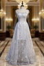 Gray Tulle Spaghetti Straps Embroidery Evening Prom Dress