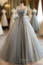 Gray Tulle Spaghetti Straps Flower Evening Prom Dress
