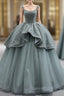 Gray Tulle Straps Beading Evening Prom Dress