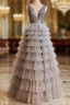 Gray Tulle V-neck Sequins Tiers Evening Prom Dress