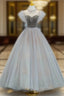 Gray Tulle Velvet Beading Evening Prom Dress