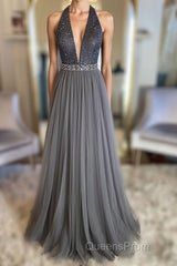 Gray v neck tulle beads long Evening Prom Dress, gray tulle formal Dress
