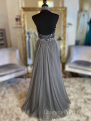 Gray v neck tulle beads long Evening Prom Dress, gray tulle formal Dress