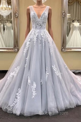 Gray v neck tulle lace applique long Evening Prom Dress, gray evening Dress