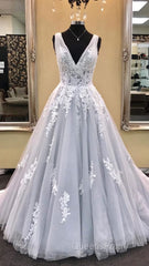 Gray v neck tulle lace applique long Evening Prom Dress, gray evening Dress